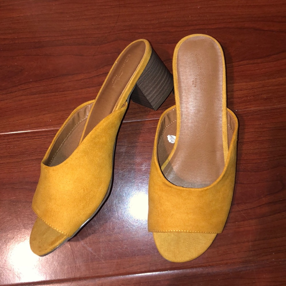 Mustard Suede Open Toe Mule Heels